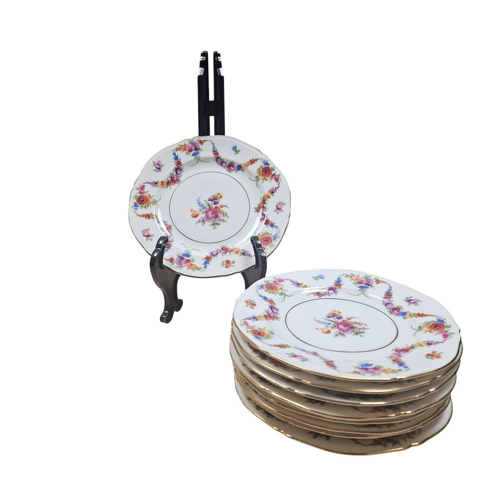 VTG Epiag Czechoslovakia Floral Porcelain (8) Dessert Plates Gold Trim Set 9954